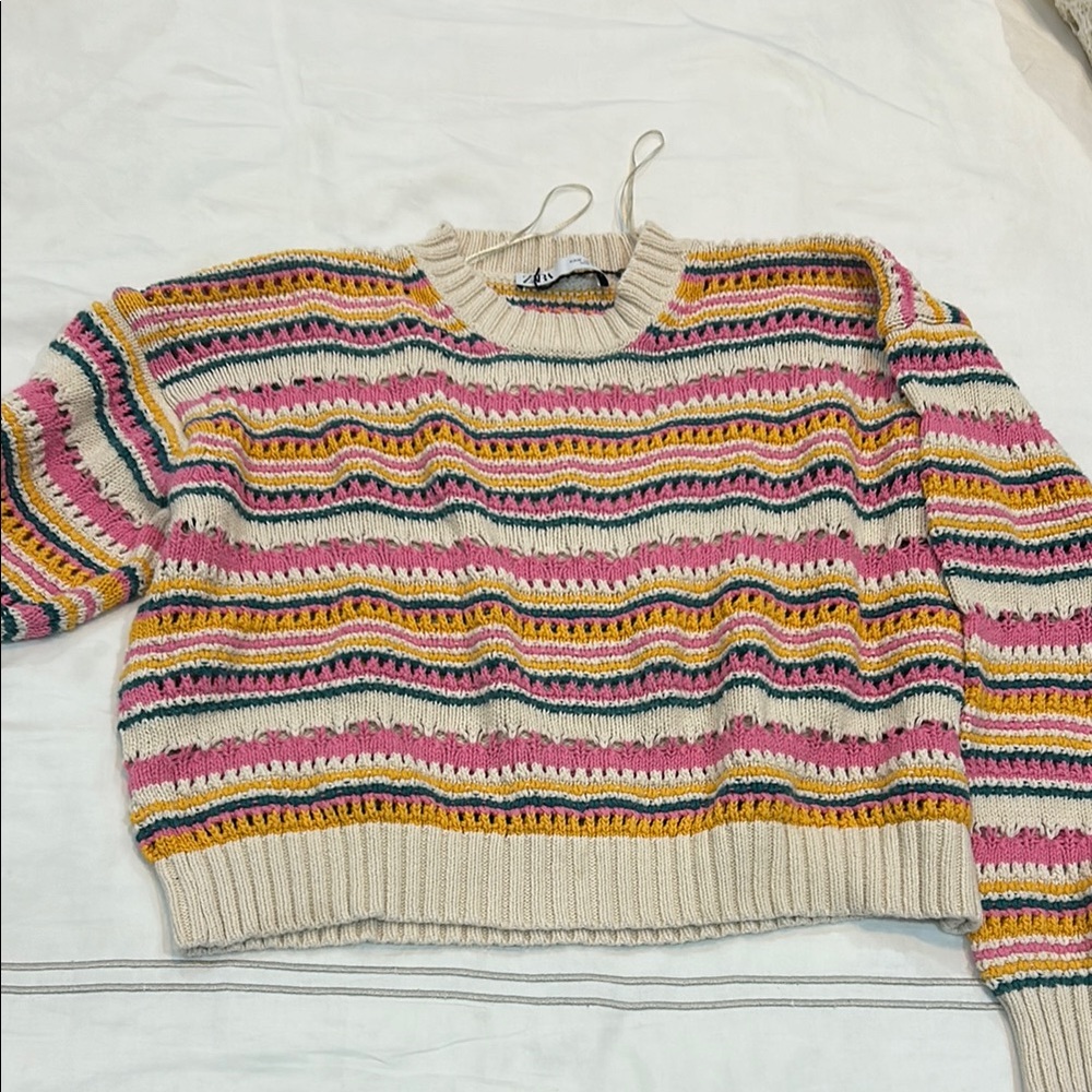 Zara Pink and Yellow Crew Neck Sweater with Stripes